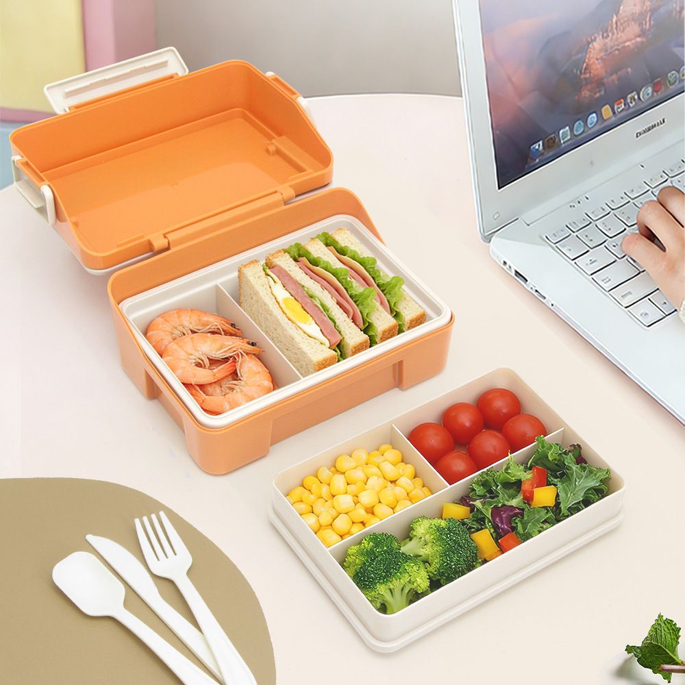 Student Minimalist Compartment Double-Layer Plastic Lunch Box Microwave Safe Portable Outdoor Picnic Food Container