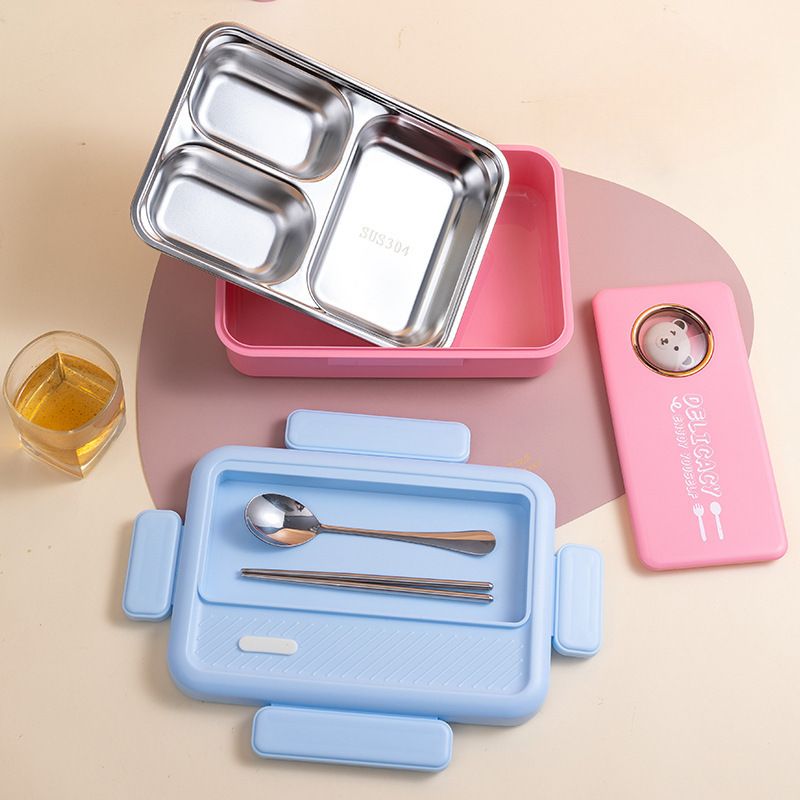Cartoon Student 304 Stainless Steel Compartment Lunch Box Office Worker Buckle Bento Box with Spoon and Fork Kids Food Container