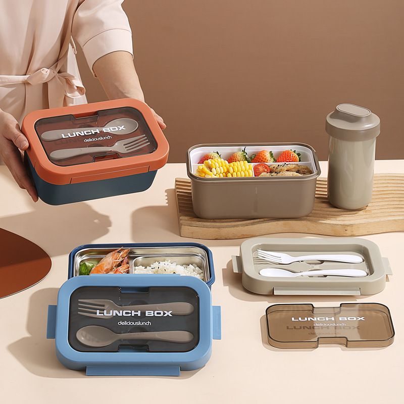 Minimalist Student PP Plastic Double-Layer Compartment Lunch Box 304 Stainless Steel Lunch Bento Box Travel Picnic