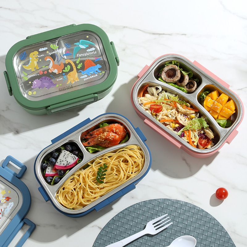 Student Cartoon 304 Stainless Steel Compartment Lunch Box with Lid Office Worker Portable Lunch Bento Box Travel Food Container