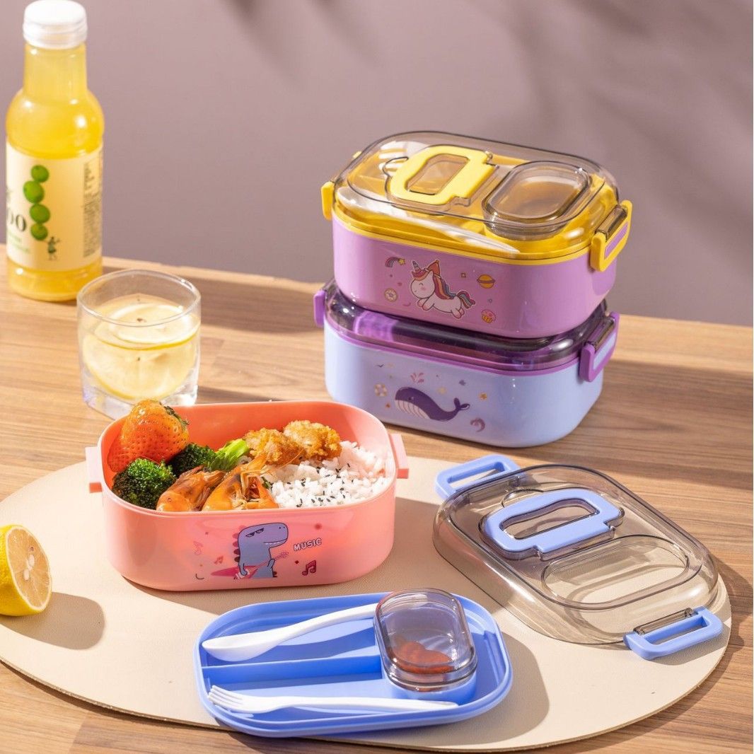 Cartoon Student Single/Double Layer Plastic PP Lunch Box with Lid Lunch Bento Box Kids Portable Food Container Sauce Box