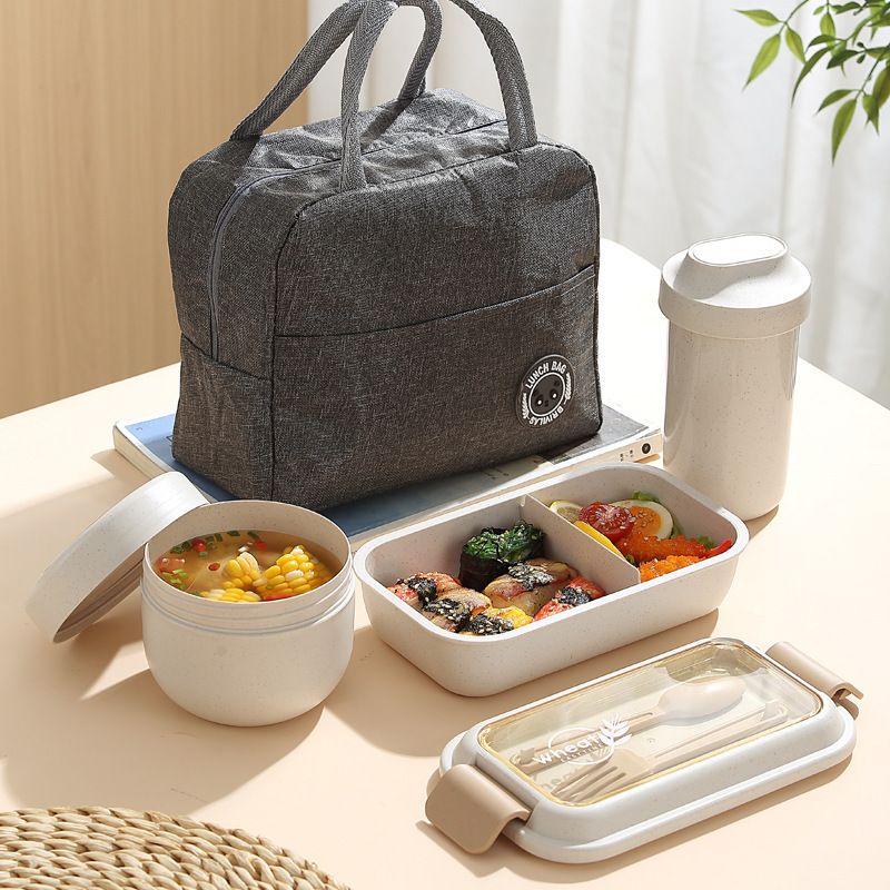 Student Japanese Style Wheat Lunch Box Microwave Safe Heating Office Worker Lunch Bento Box with Cutlery Water Cup Set