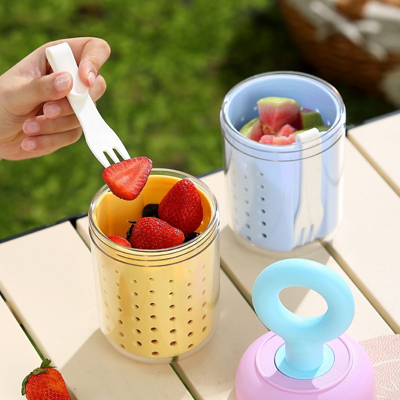Stylish Student Oatmeal Cup Yogurt Cup Outdoor Picnic Camping Double-Layer Fruit Cup Fork Draining