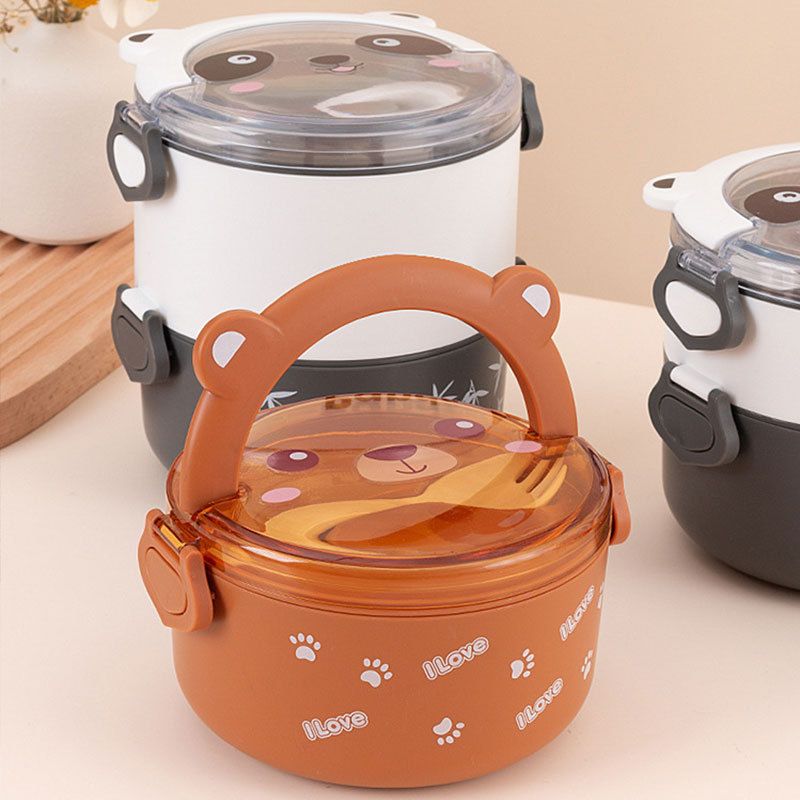 Cartoon Double-Layer Lunch Box with Handle Student Office Worker Round Bento Box Microwave Safe Portable Multi-Layer Kids Food Container
