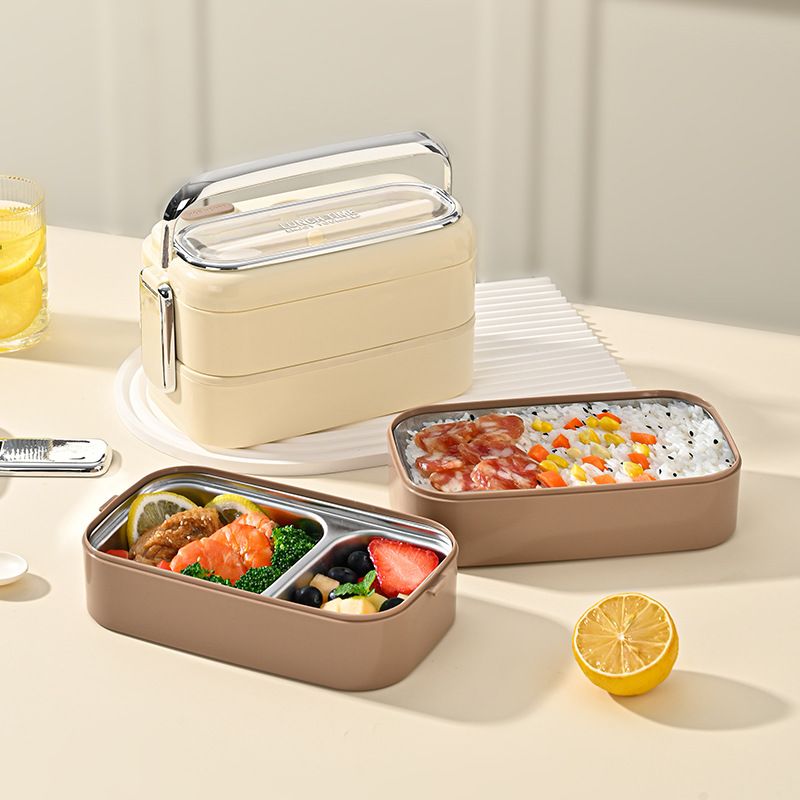 Student 304 Stainless Steel Double-Layer Buckle Lunch Box Office Worker Compartment Lunch Bento Box with Spoon and Chopsticks Food Container
