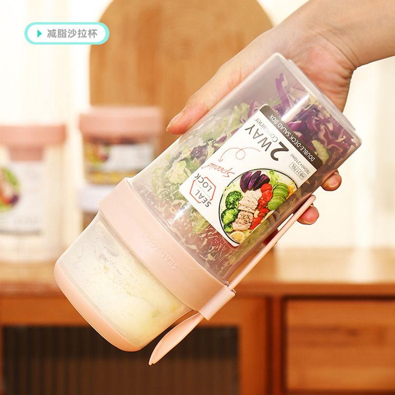Trending Portable Light Double-Layer Plastic Salad Cup Student Breakfast Cup Portable Fruit Cup Fork Sauce Box