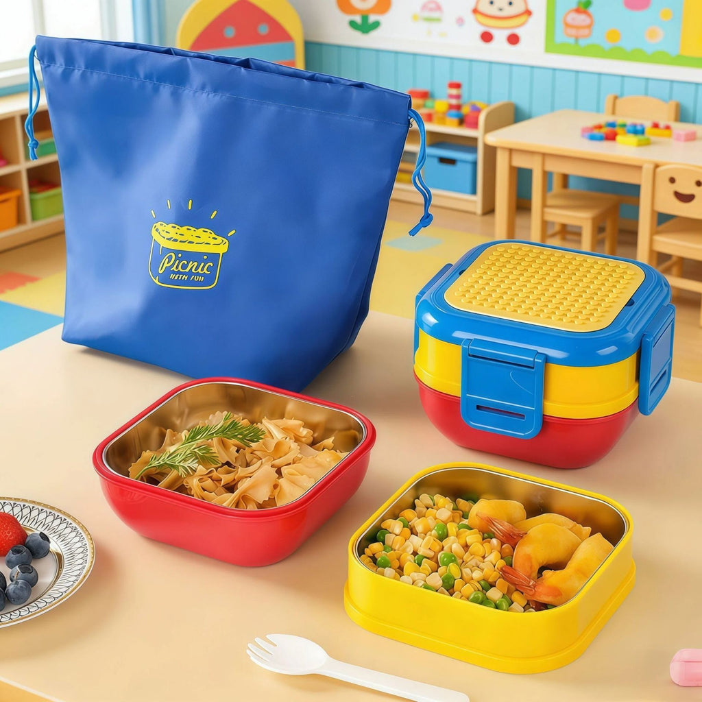Cartoon 304 Stainless Steel Kids DIY Building Blocks Double-Layer Lunch Box Student Cafeteria Lunch Bento Box