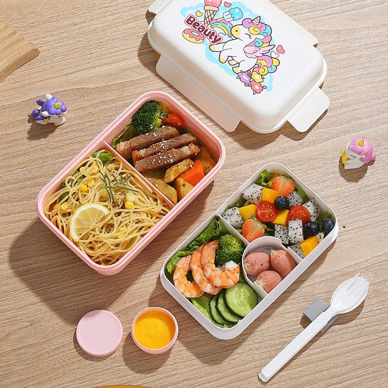 Student Cartoon Double-Layer Plastic Compartment Lunch Box Office Worker Lunch Bento Box Microwave Safe Cafeteria Food Container