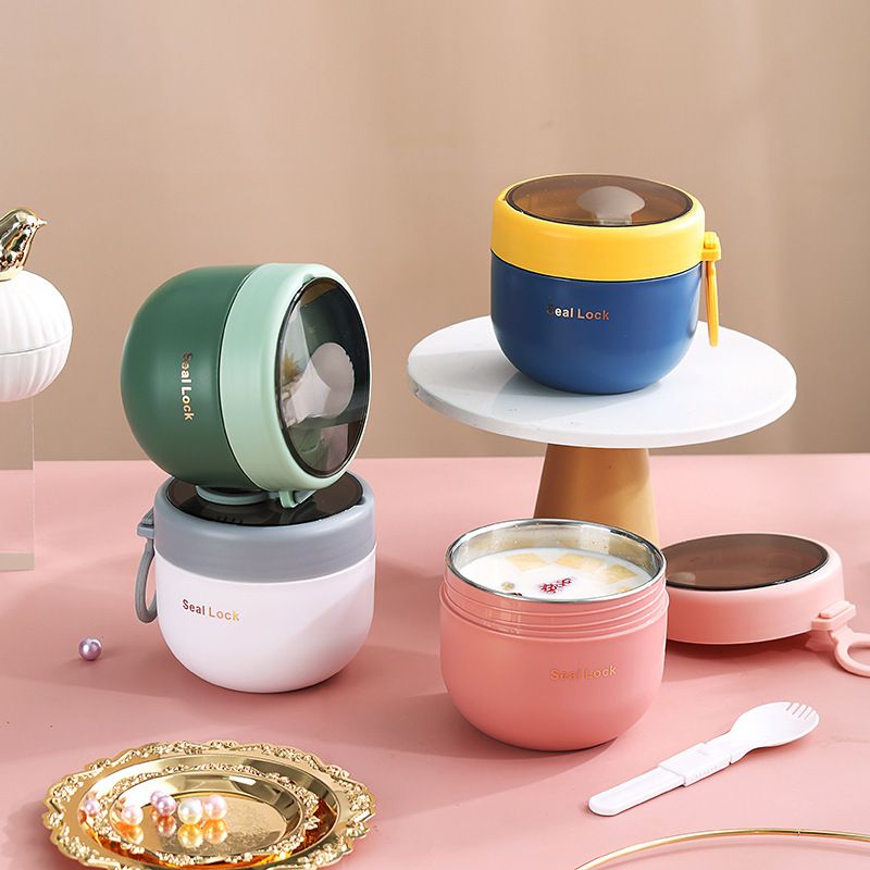 Student Milk Cup 304 Stainless Steel with Lid Spoon Office Worker Portable Porridge Jar Soup Cup with Handle