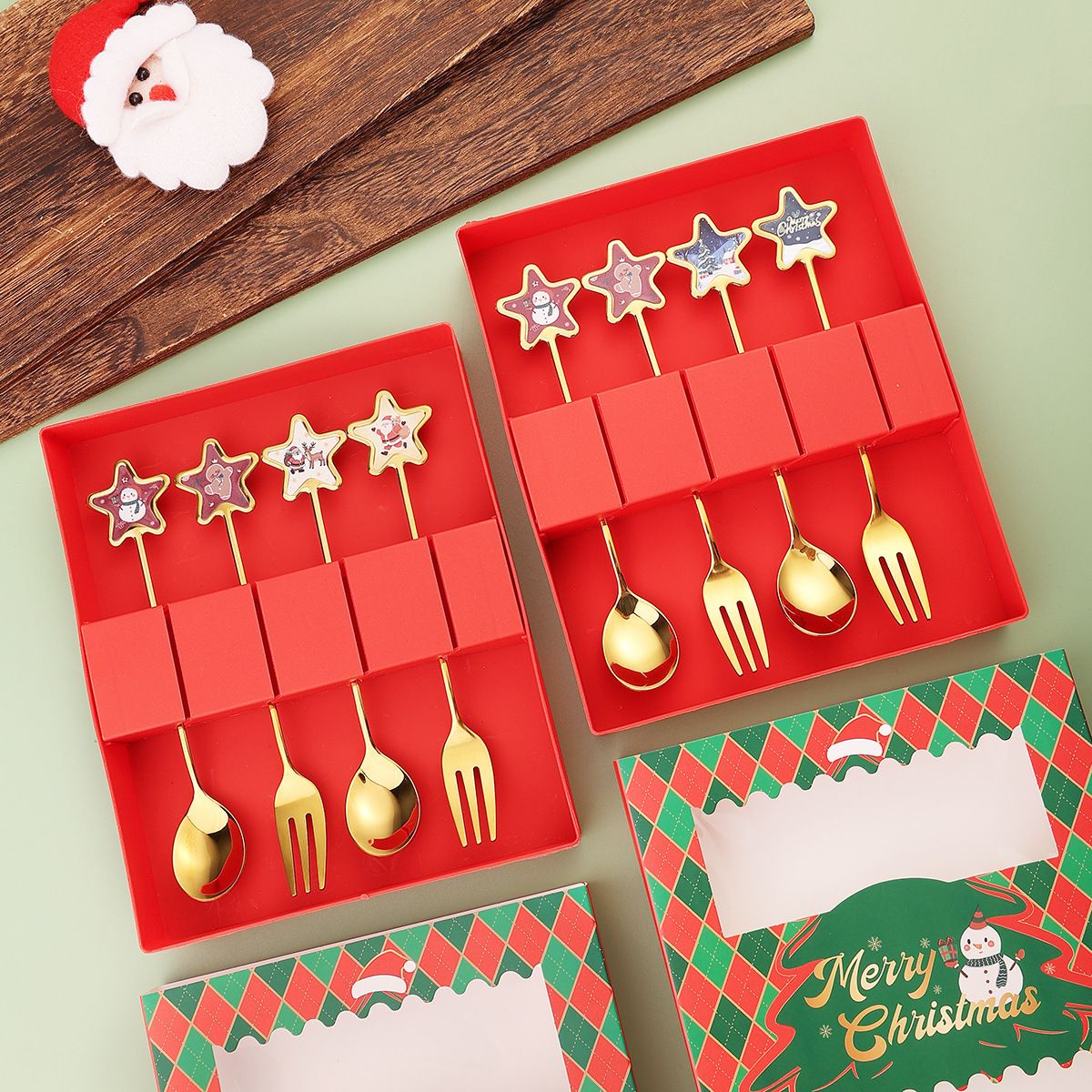Creative Christmas Stainless Steel Spoon and Fork Tableware Set Five-Pointed Star Elderly Reindeer Christmas Dessert Spoon Fruit Fork Gift