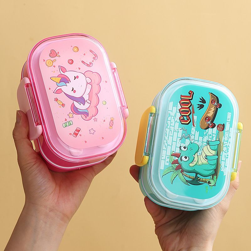 Cartoon Creative Kids Double-Layer Buckle Lunch Box Student Cafeteria Takeout Lunch Bento Box Portable with Cutlery