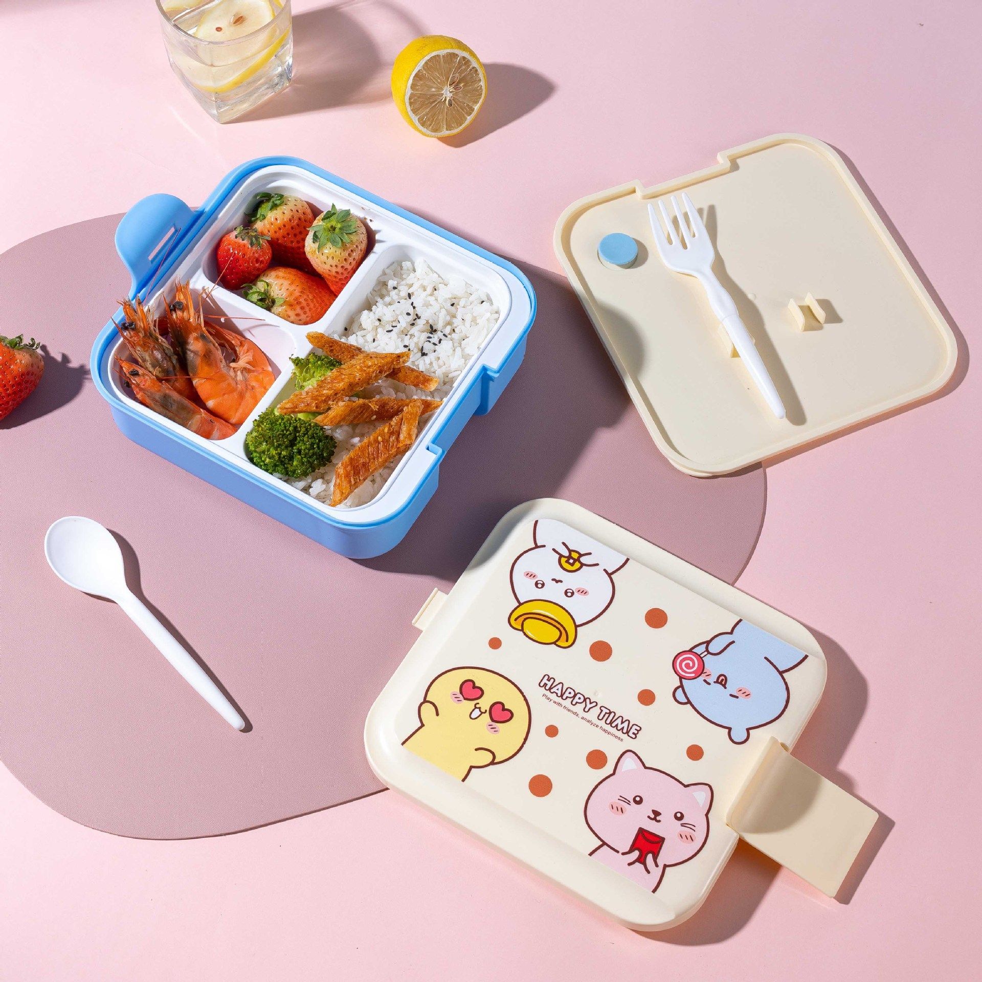 Kids Cartoon Compartment Plastic Lunch Box Microwave Safe Student Lunch Bento Box Portable Food Container
