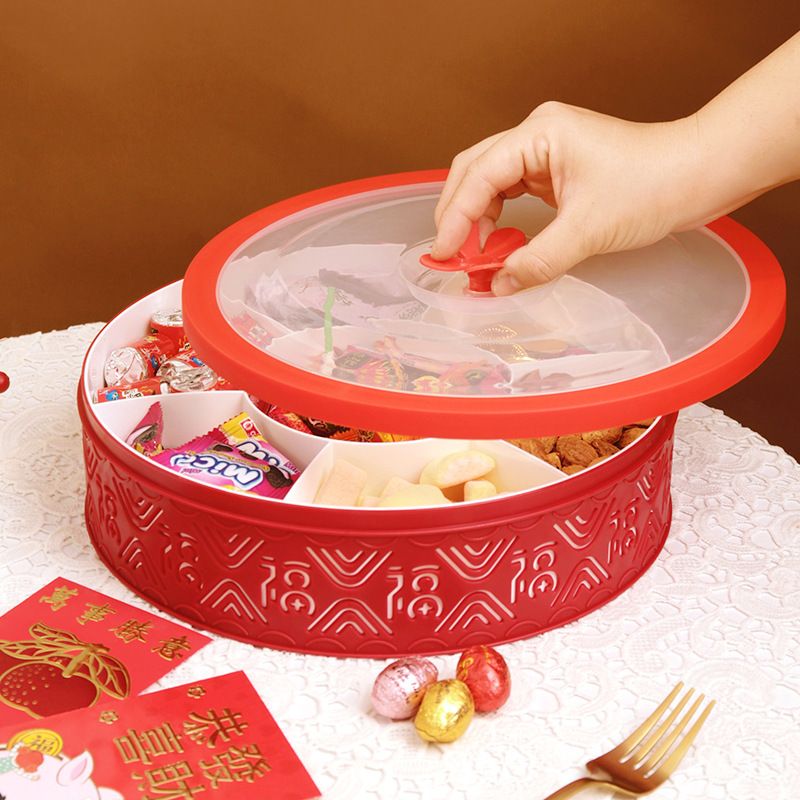 New Year Festive Compartment Candy Box Transparent Round Plastic Snack Box Nuts Sunflower Seeds Almonds Storage Box