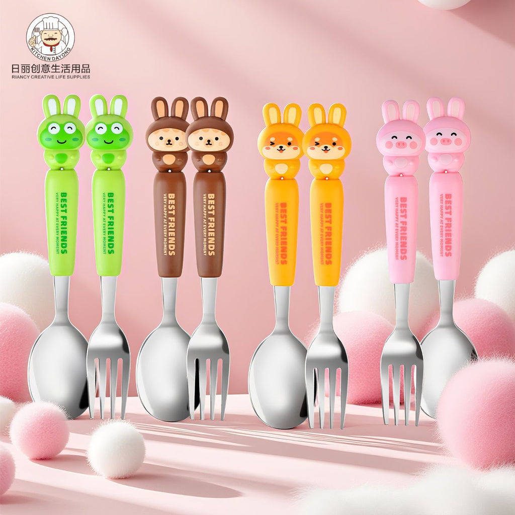 Cartoon Rabbit Kids Stainless Steel Spoon and Fork Cutlery with Box Household Travel Portable Set 2-Piece Set Wholesale