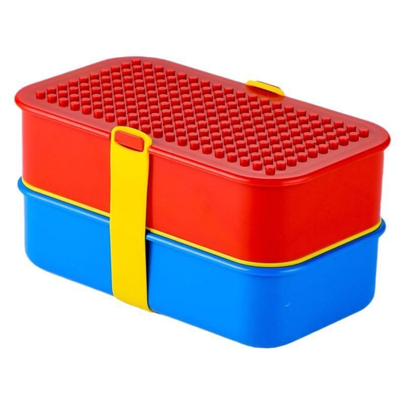 Creative Building Blocks Double-Layer Plastic Lunch Box Student Lunch Bento Box Cafeteria Takeout Food Container with Cutlery