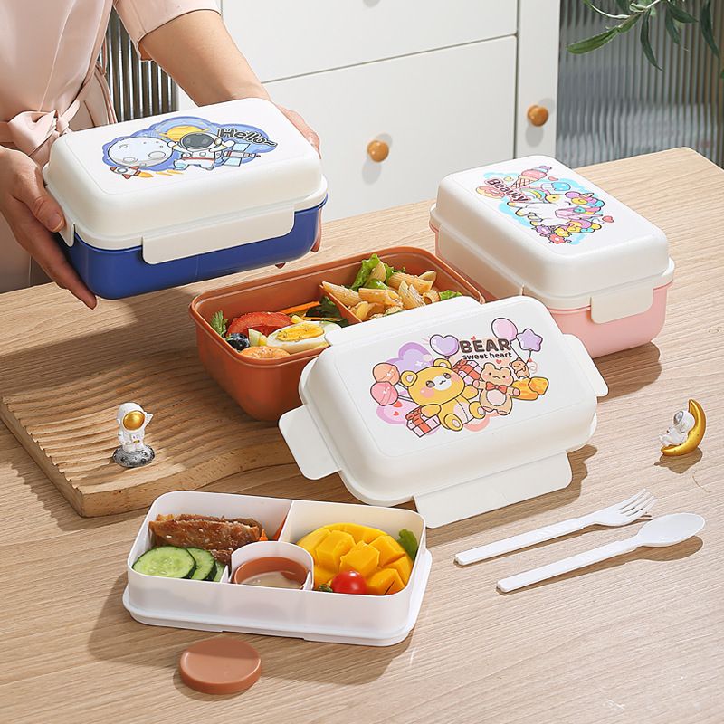 Student Cartoon Double-Layer Plastic Compartment Lunch Box Office Worker Lunch Bento Box Microwave Safe Cafeteria Food Container