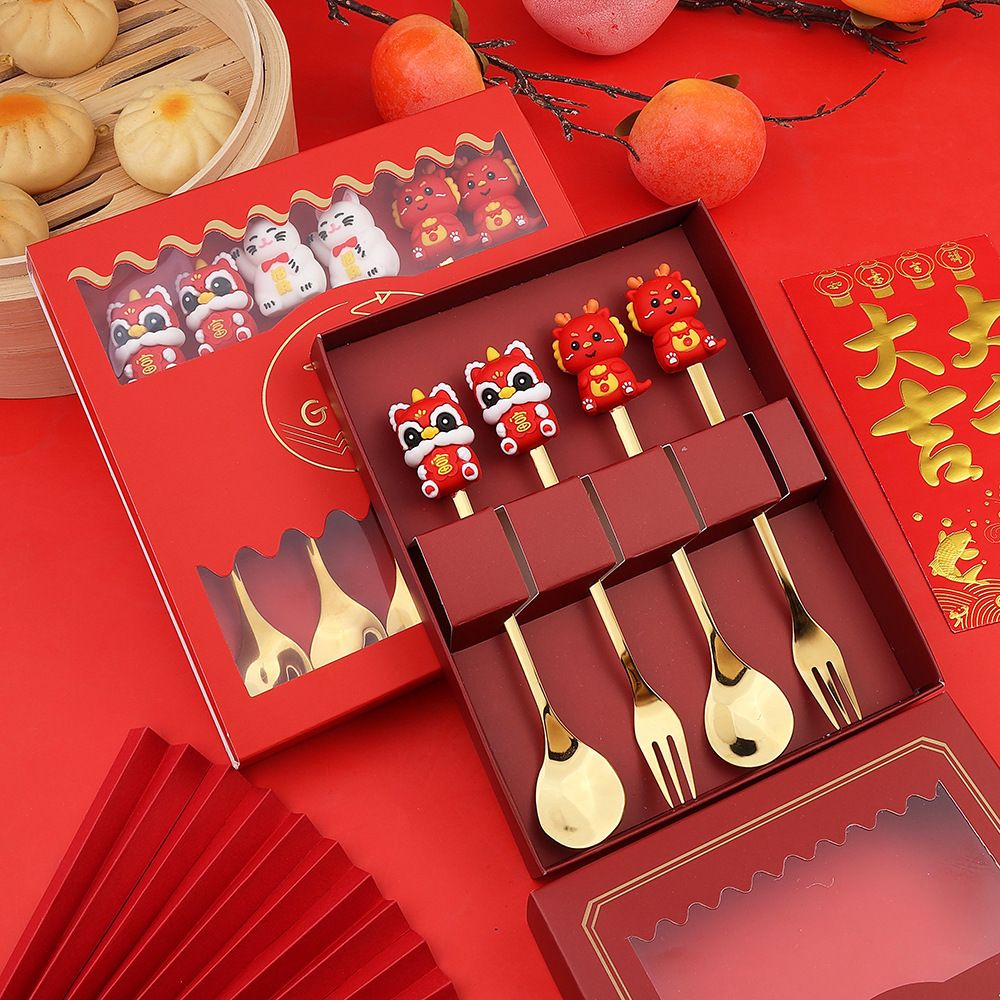 New Year Tableware Spoon and Fork Set Q Cute Year of Dragon Spoon Lucky Cat God of Wealth Fortune Bag Fruit Fork Gift Set