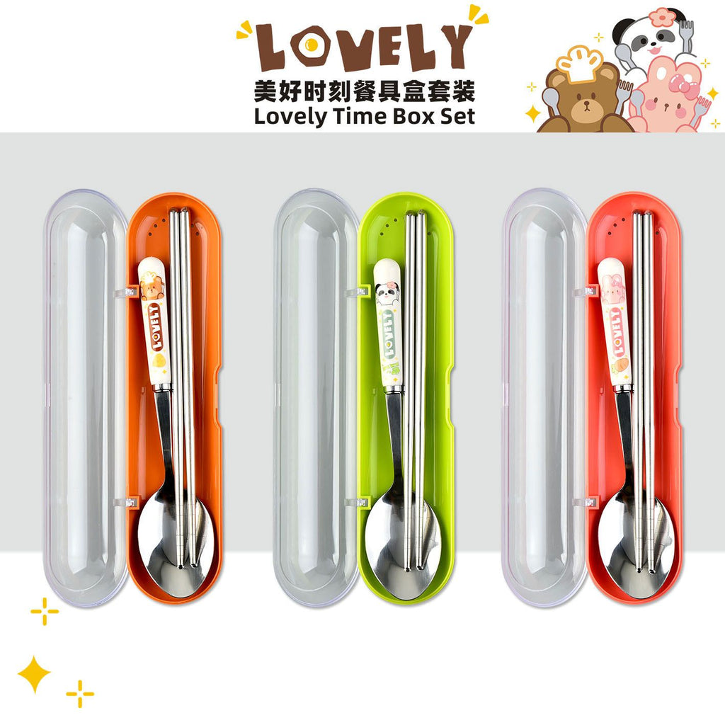 Cartoon Student Spoon and Chopsticks Stainless Steel Tableware Set Travel Portable Outdoor Kids Tableware 2-Piece Set