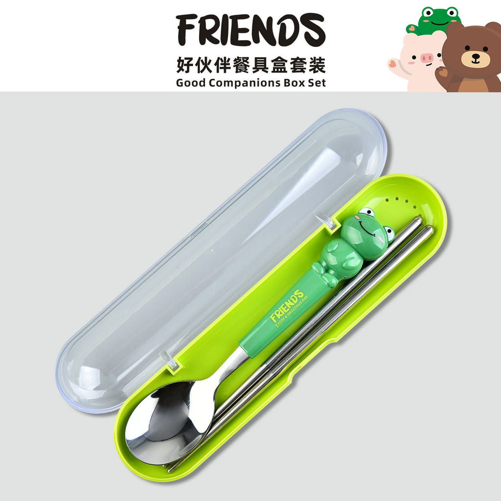 Cartoon Little Pig Frog Stainless Steel Tableware Set Student Spoon and Chopsticks Storage Box 2-Piece Set Portable Travel