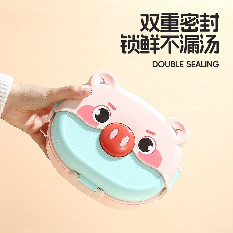 Student Cartoon Compartment Double-Layer Lunch Box with Cutlery Kids Portable Lunch Bento Box Travel Food Container