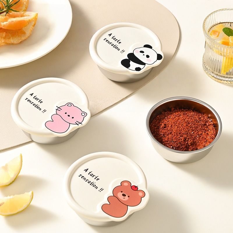 Household Cartoon 304 Stainless Steel Seasoning Box Camping Picnic Portable Pack Dipping Cup Round with Lid