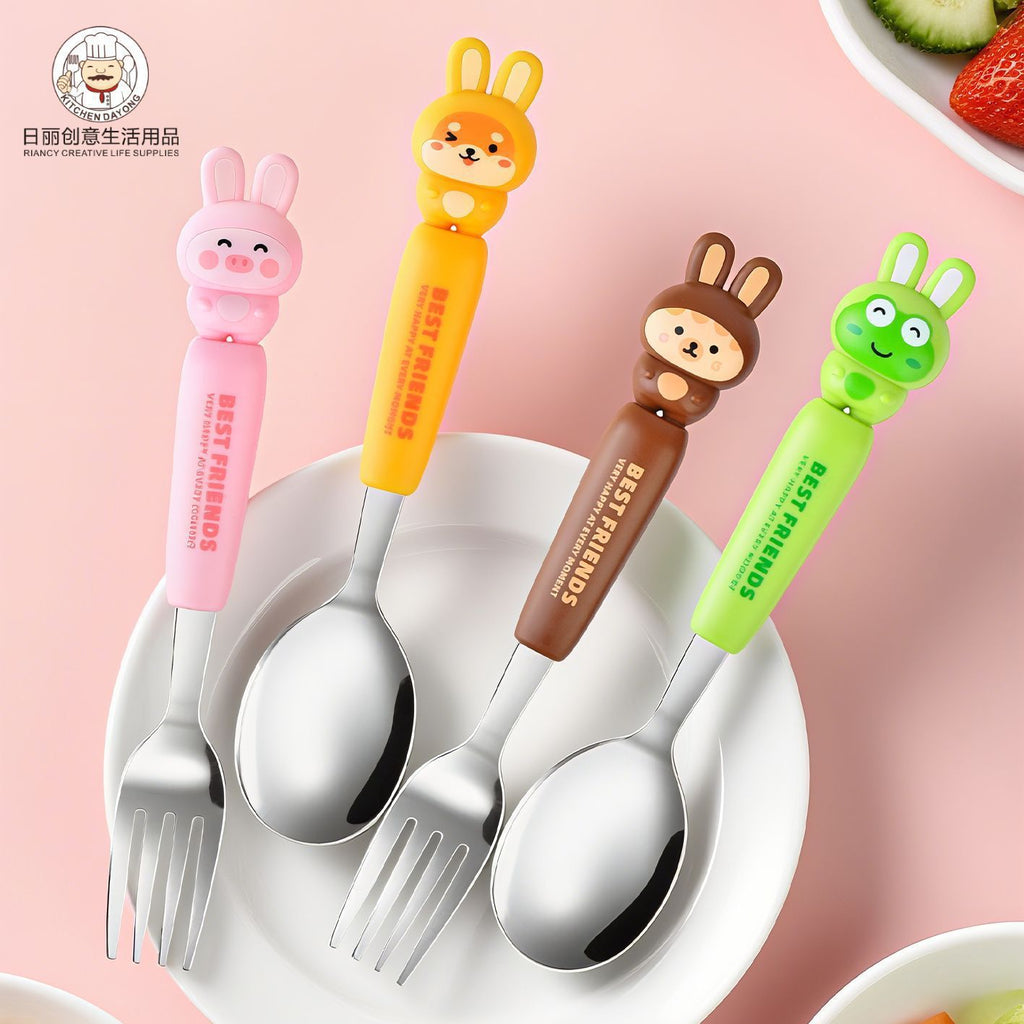 Cartoon Rabbit Kids Stainless Steel Spoon and Fork Cutlery with Box Household Travel Portable Set 2-Piece Set Wholesale