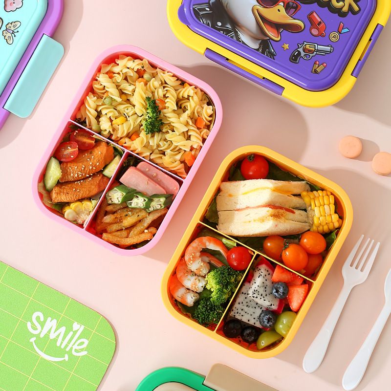 Cartoon Cute Kids Compartment Plastic PP Lunch Box Student Lunch Bento Box with Lid with Spoon and Fork Buckle Food Container