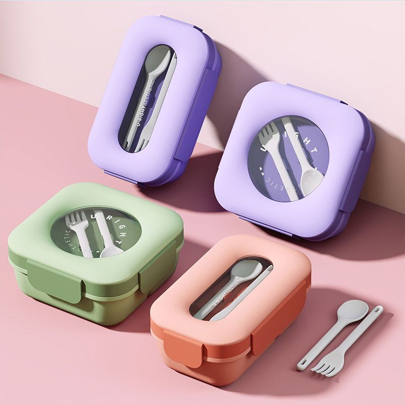 Minimalist Student Japanese Style Compartment Lunch Box with Spoon and Fork Office Worker Lunch Bento Box Microwave Safe with Cutlery