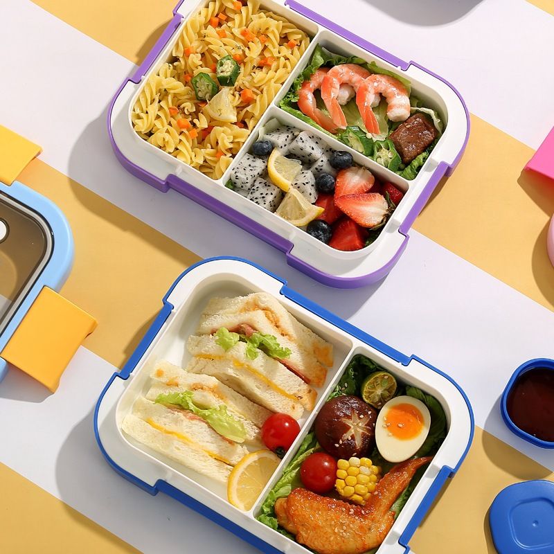 Korean Style Student Compartment Plastic Lunch Box with Cutlery Sauce Box Microwave Safe Minimalist Bento Box