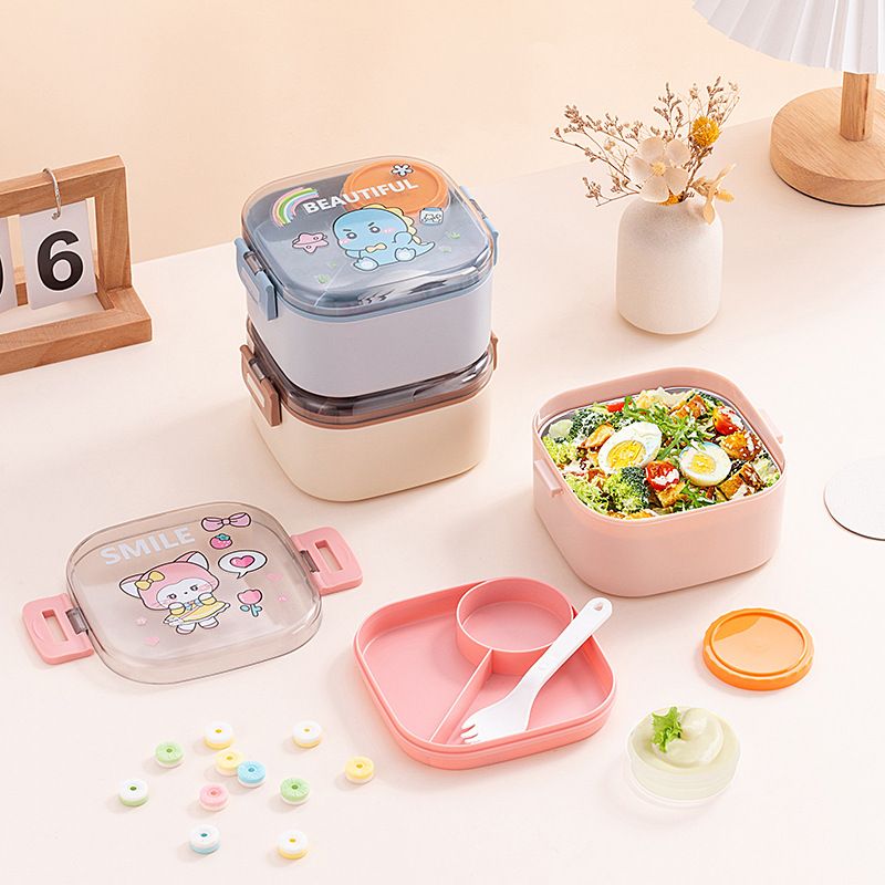 Minimalist Square Student Double-Layer Plastic Lunch Box Camping Picnic Kids Lunch Bento Box Food Container