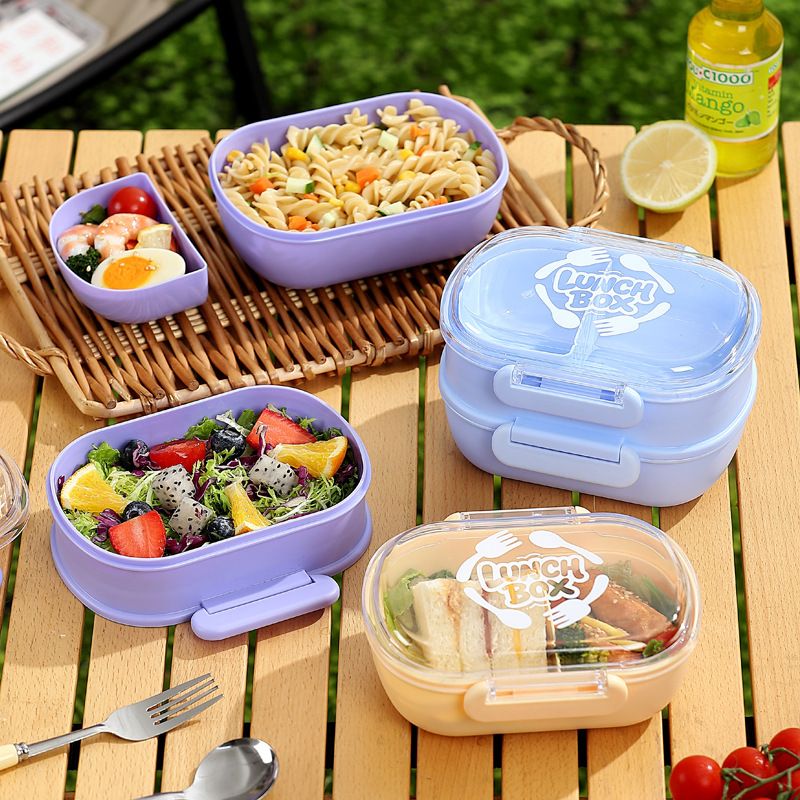 Minimalist Student Single/Double Layer Plastic Lunch Box with Lid Office Worker Portable Lunch Bento Box Food Container