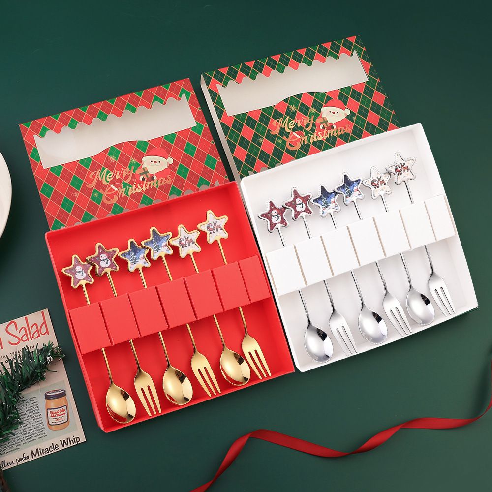 Creative Christmas Stainless Steel Spoon and Fork Tableware Set Five-Pointed Star Elderly Reindeer Christmas Dessert Spoon Fruit Fork Gift
