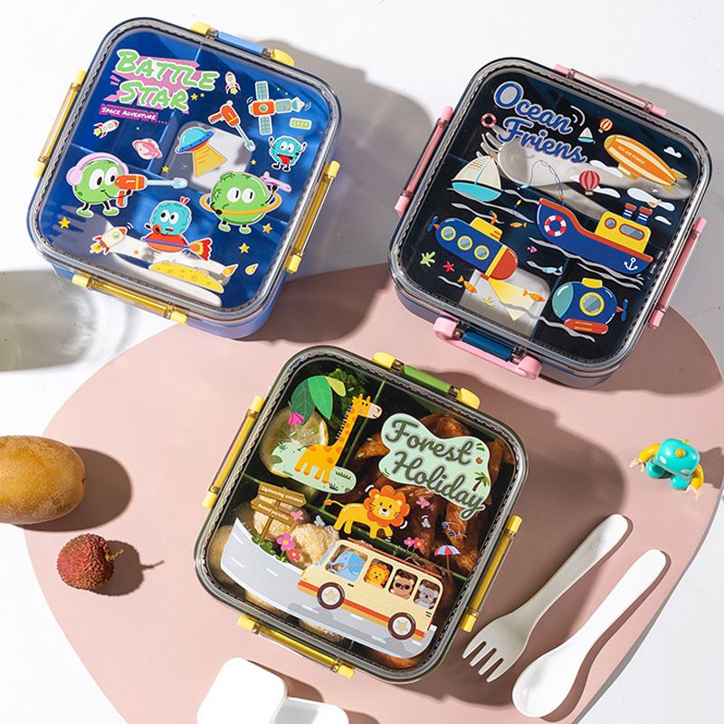 Cartoon Kids Plastic Square Compartment Lunch Box Student Portable Outdoor Travel Food Container Lunch Box