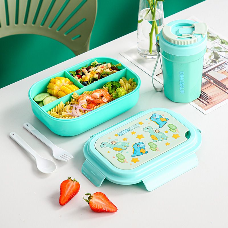 Cartoon Dinosaur Student Plastic Compartment Lunch Box Office Worker Lunch Bento Box Microwave Safe with Spoon and Fork