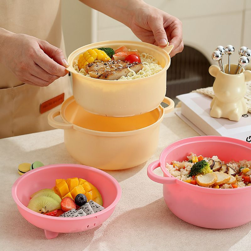 Cartoon Double-Layer Draining Instant Noodle Bowl Student Plastic Cute Kids Tableware Set pcs Set
