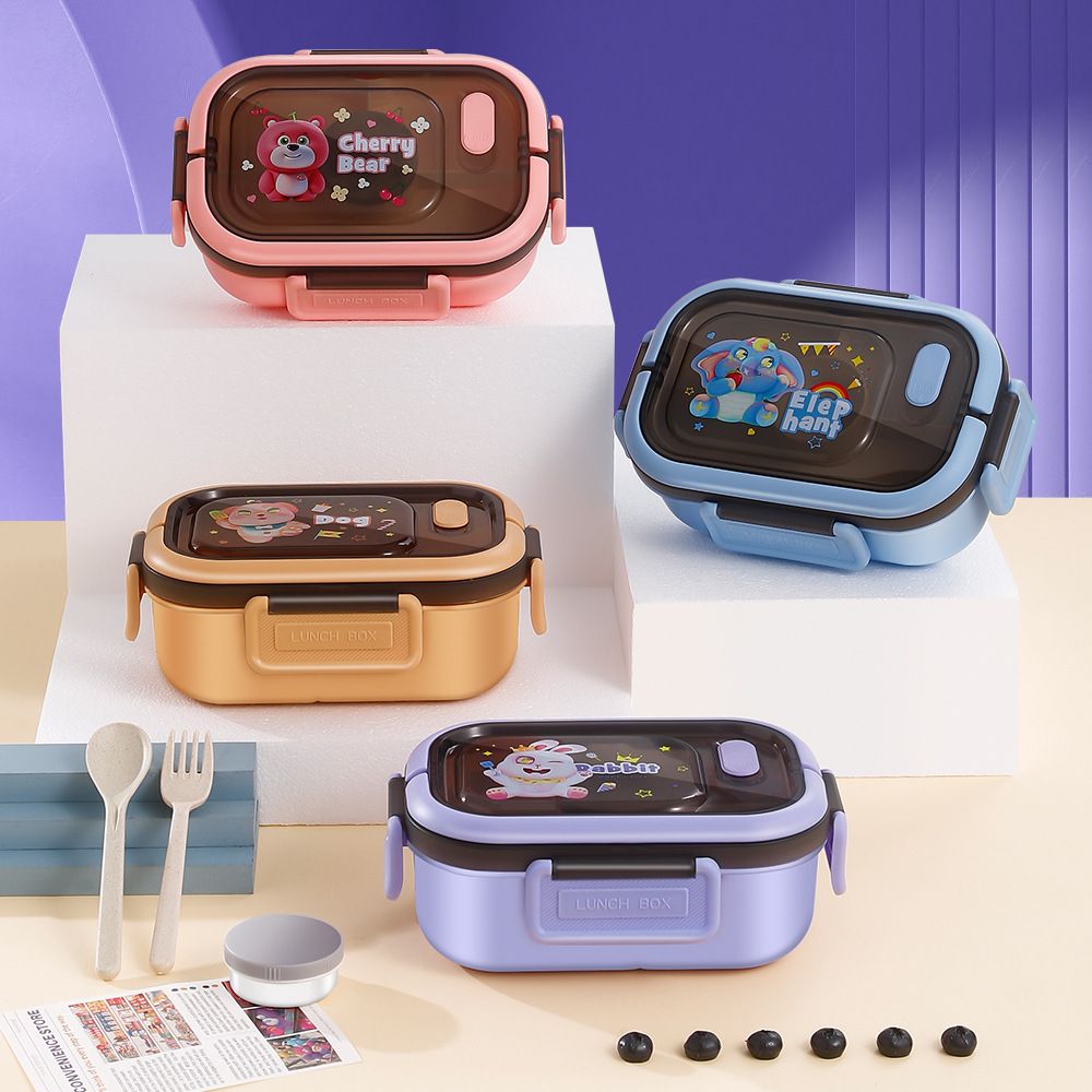 Student Cartoon Compartment Lunch Box with Handle Food Container Office Worker Lunch Bento Box Large Capacity with Cutlery