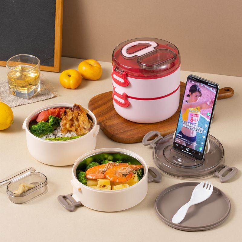 Minimalist Student Double-Layer Round Stainless Steel Lunch Box Office Worker Lunch Bento Box Microwave Safe Heating with Handle