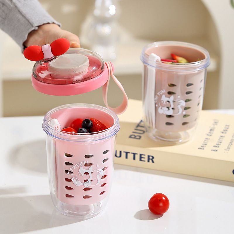 Minimalist Student Double-Layer Draining Salad Cup Stylish Girls Oatmeal Cup Outdoor Picnic Fruit Cup