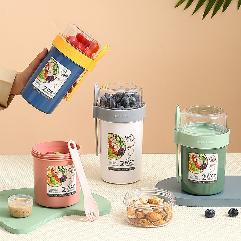 Minimalist Student Oatmeal Cup with Lid Spoon Portable Light Double-Layer Plastic Salad Cup Sauce Box