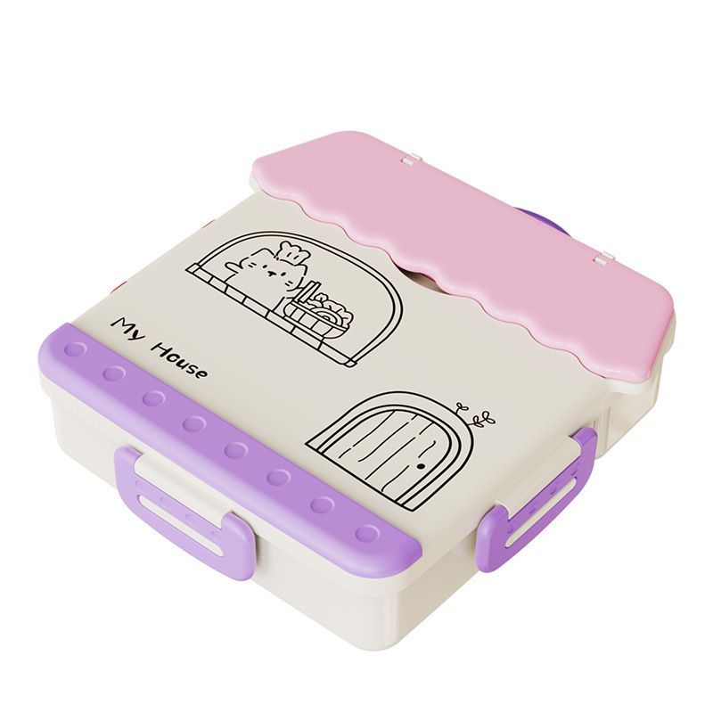 Cartoon Kids Compartment Lunch Box with Handle Microwave Safe Large Capacity Bento Box Student Portable Outdoor Food Container