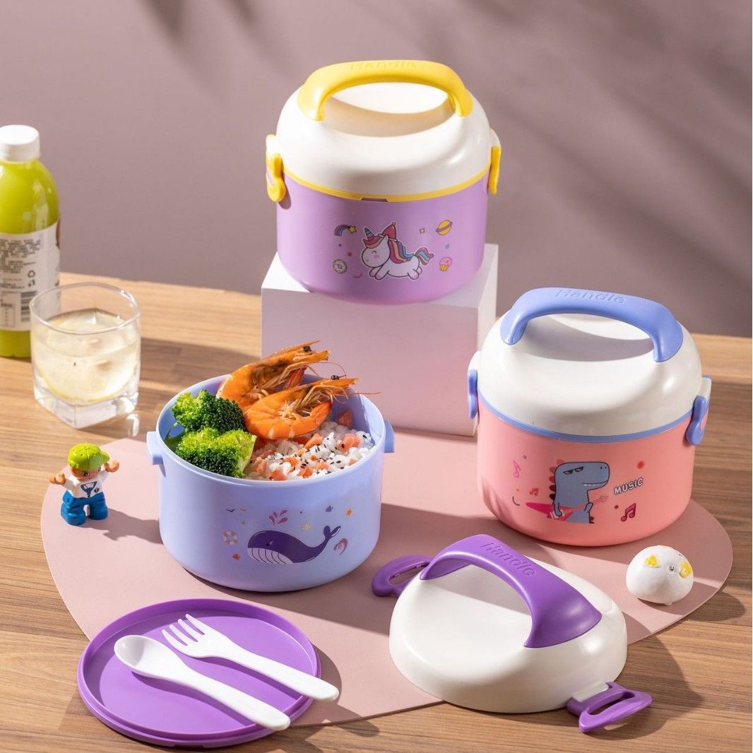 Student Cartoon Round Bucket Plastic Lunch Box Single/Double Layer Office Worker Bento Box Large Capacity Heating