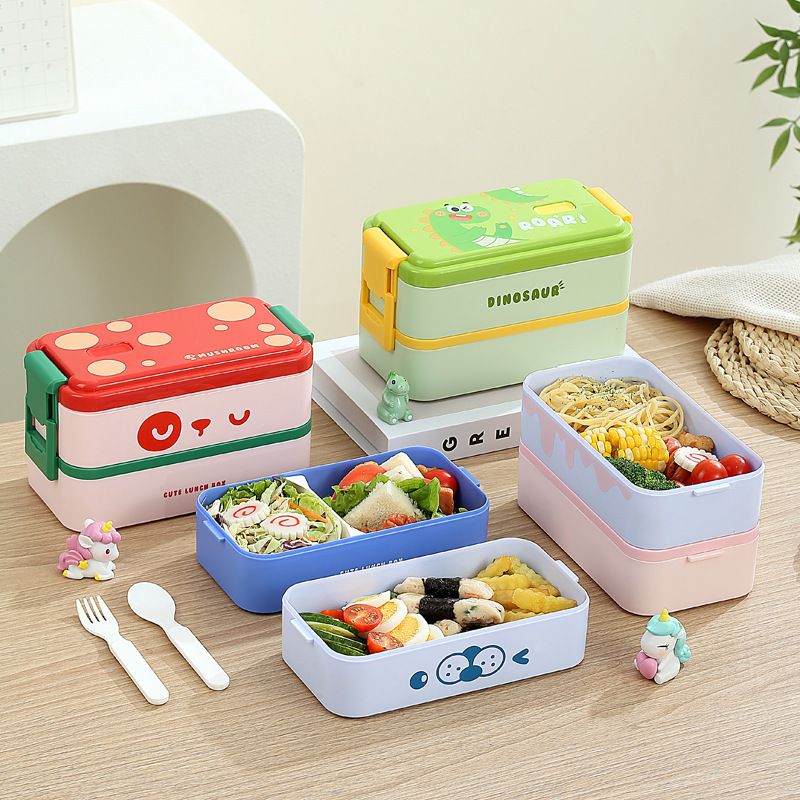 Cartoon Double-Layer Kids Compartment Plastic Buckle Lunch Box Student Lunch Bento Box with Lid Microwave Heating Food Container