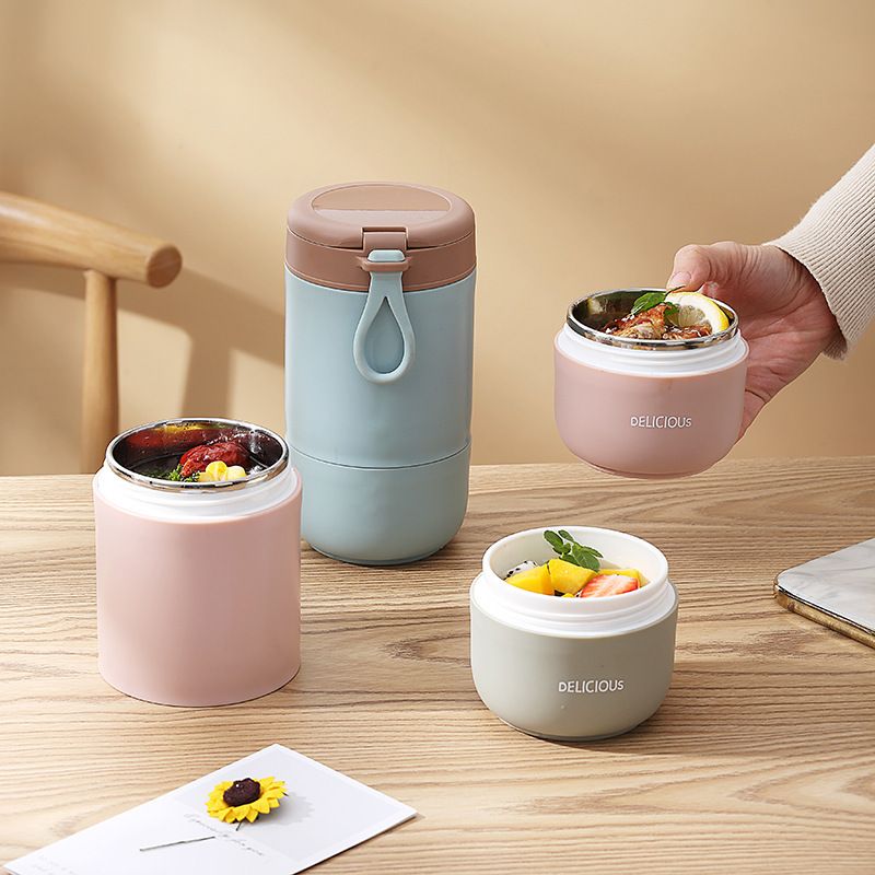 Student Cereal Tumbler Cup Office Worker 304 Stainless Steel Porridge Jar Soup Cup Double-Layer Large Capacity with Spoon Portable