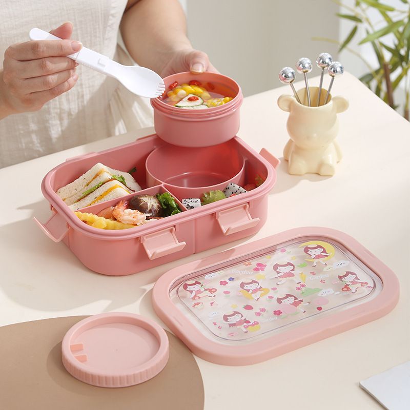 Cartoon Student Compartment Lunch Box Microwave Safe Office Worker Lunch Bento Box Soup Bowl Tableware Food Container