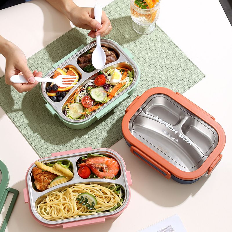 Minimalist Office Worker 304 Stainless Steel Compartment Lunch Box Student Dorm Takeout Food Container Lunch Bento Box with Spoon and Fork
