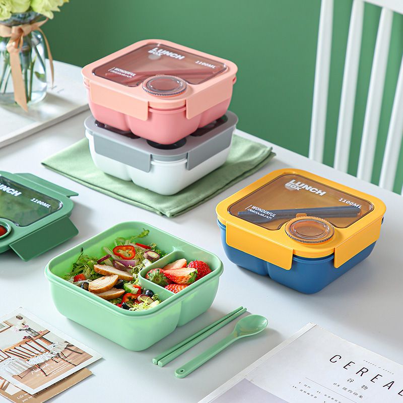 Student Korean Style Compartment Plastic Lunch Box Office Worker Lunch Bento Box Travel Food Container with Cutlery