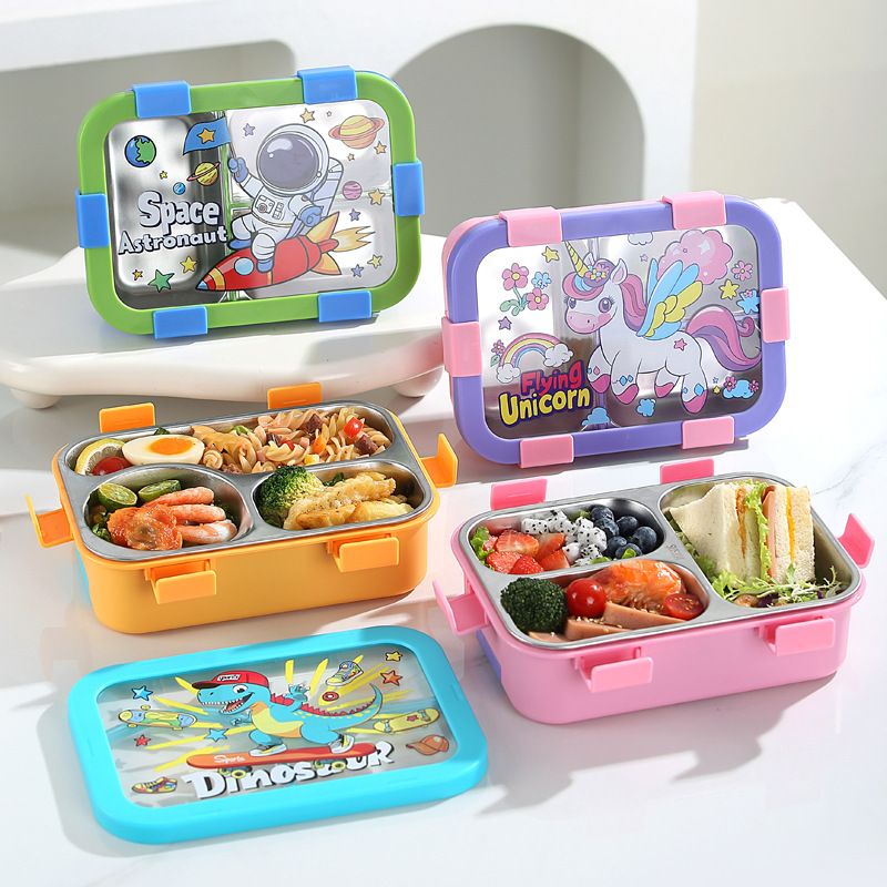 Kids Creative Cartoon 304 Stainless Steel Compartment Lunch Box Student Cafeteria Dorm Takeout Bento Box with Spoon and Fork