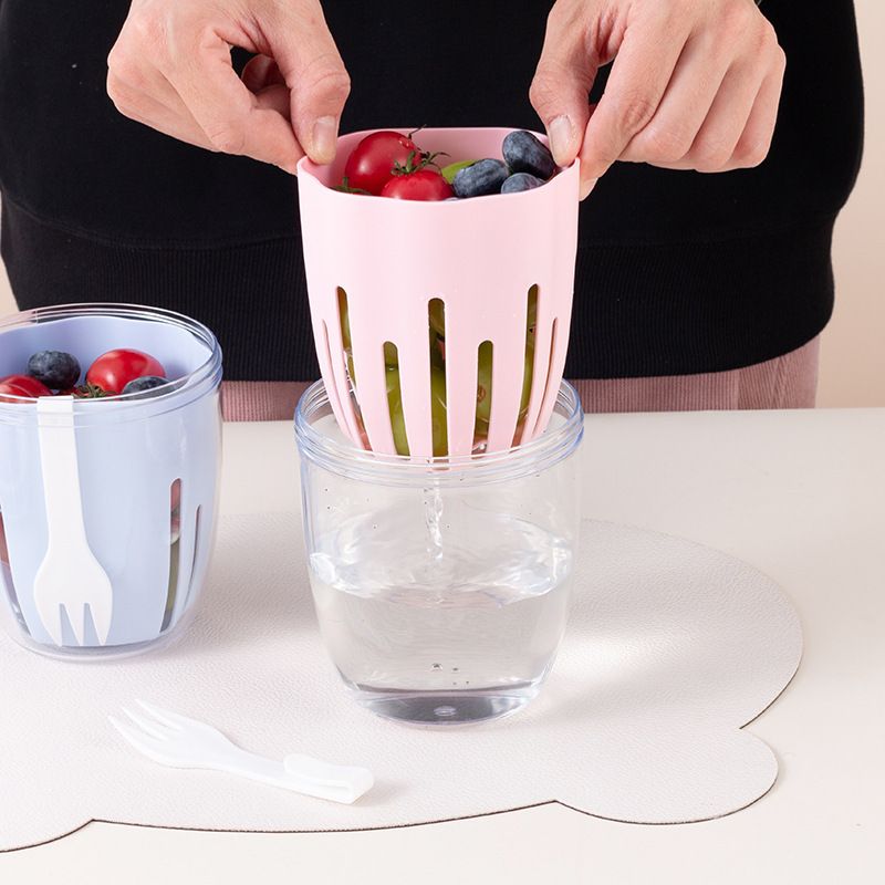 Student Minimalist Stylish Draining Double-Layer Fruit Cup Portable Oatmeal Cup Fork Salad Cup