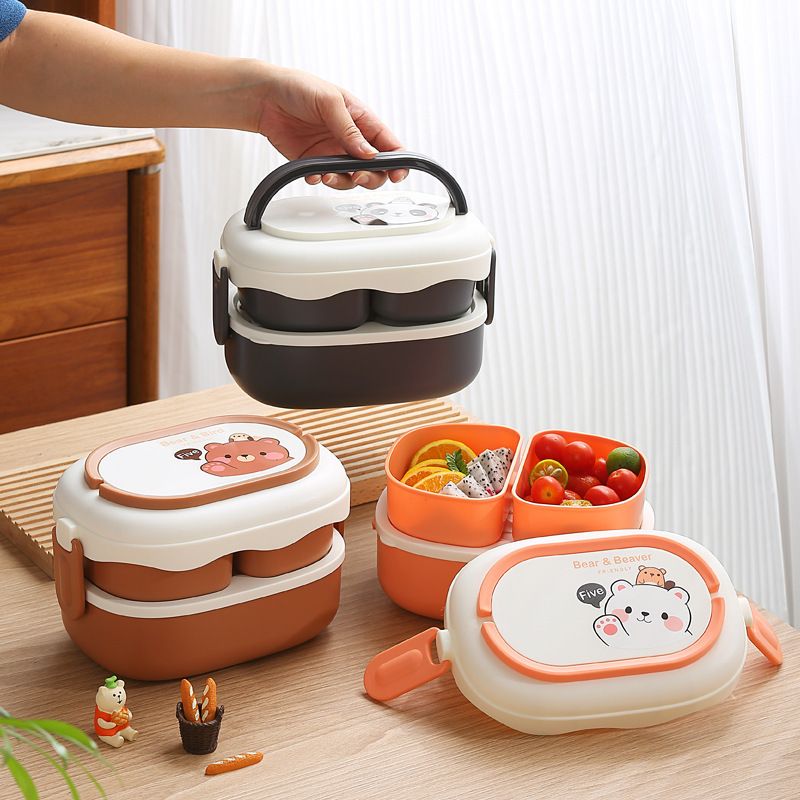 Student Cartoon Little Bear Double-Layer Plastic Lunch Box Office Worker Portable Lunch Bento Box Microwave Heating Large Capacity