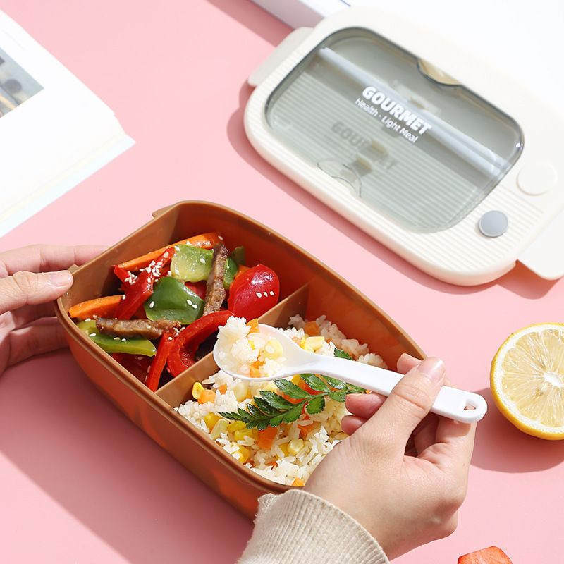 Japanese Style Student Minimalist Compartment Lunch Bento Box Office Worker Portable Lunch Box Microwave Safe Heating with Cutlery